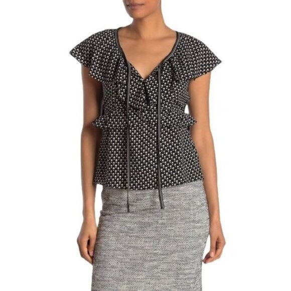 Max Studio Short Sleeve Ruffle Tie Closure Women Top Medium NWT - Picture 1 of 6
